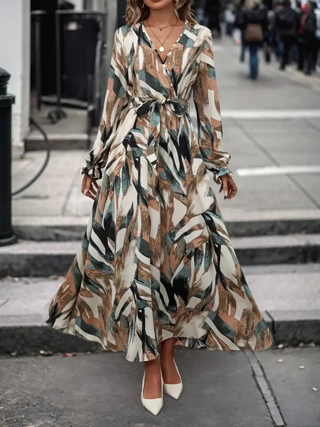 Printed Surplice Long Sleeve Maxi Dress