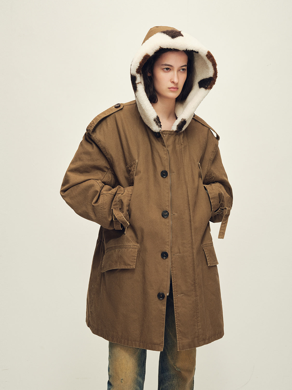 Firelady Fur Women’s Merino Sheepskin Parka with Fur Hood – Real Fur Cow Print Coat"Wild Heartbeat"