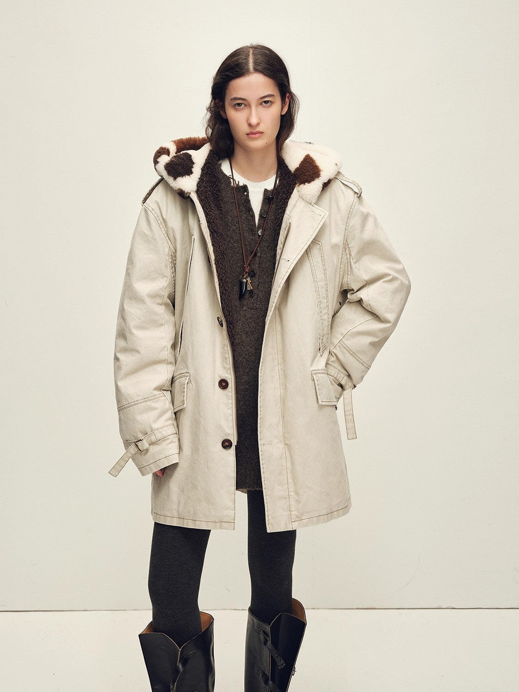 Firelady Fur Women’s Merino Sheepskin Parka with Fur Hood – Real Fur Cow Print Coat"Wild Heartbeat"