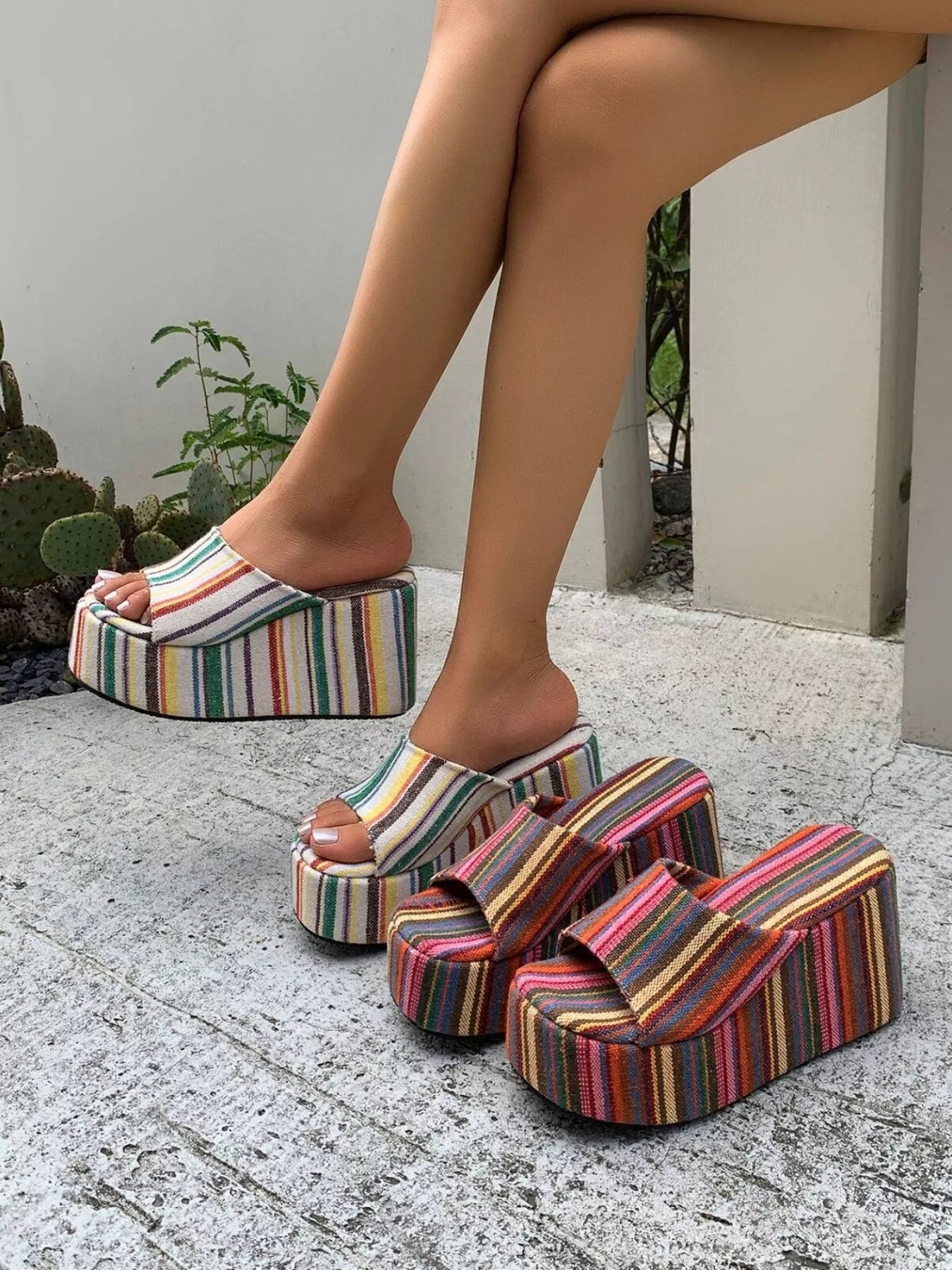 Striped Platform Wedge Sandals