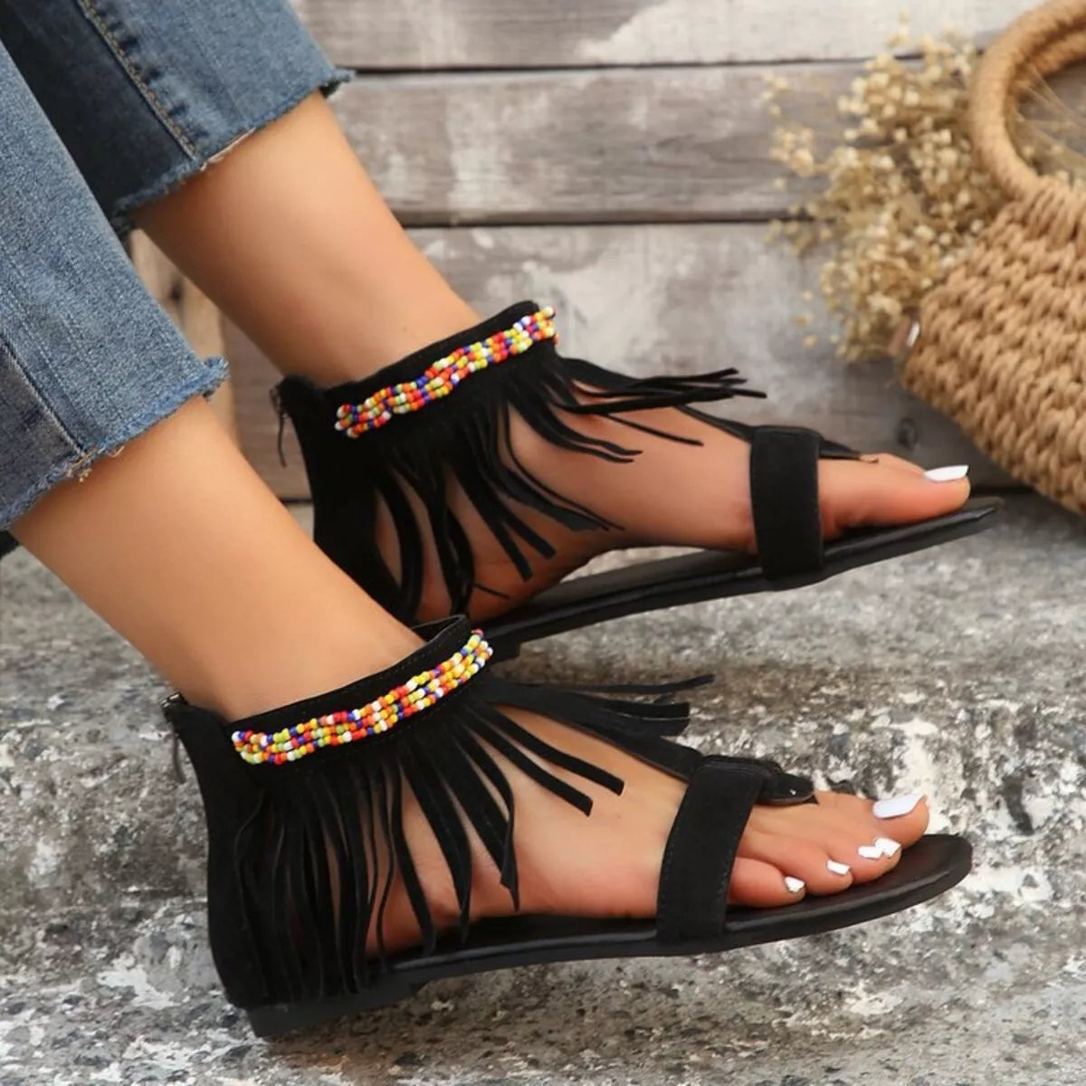 Fringe Ankle Strap Sandals