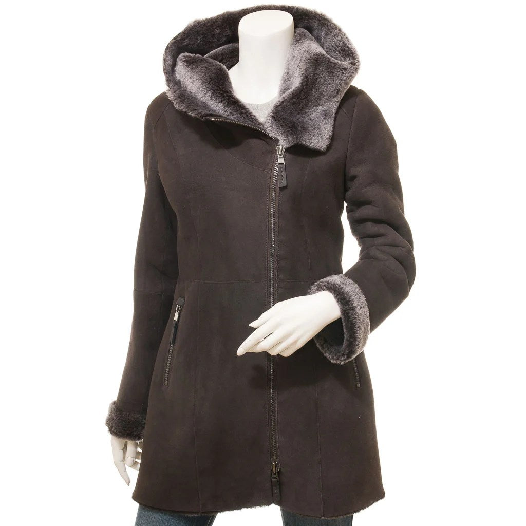WOMEN BROWN SHEARLING PARKA COAT IRVING