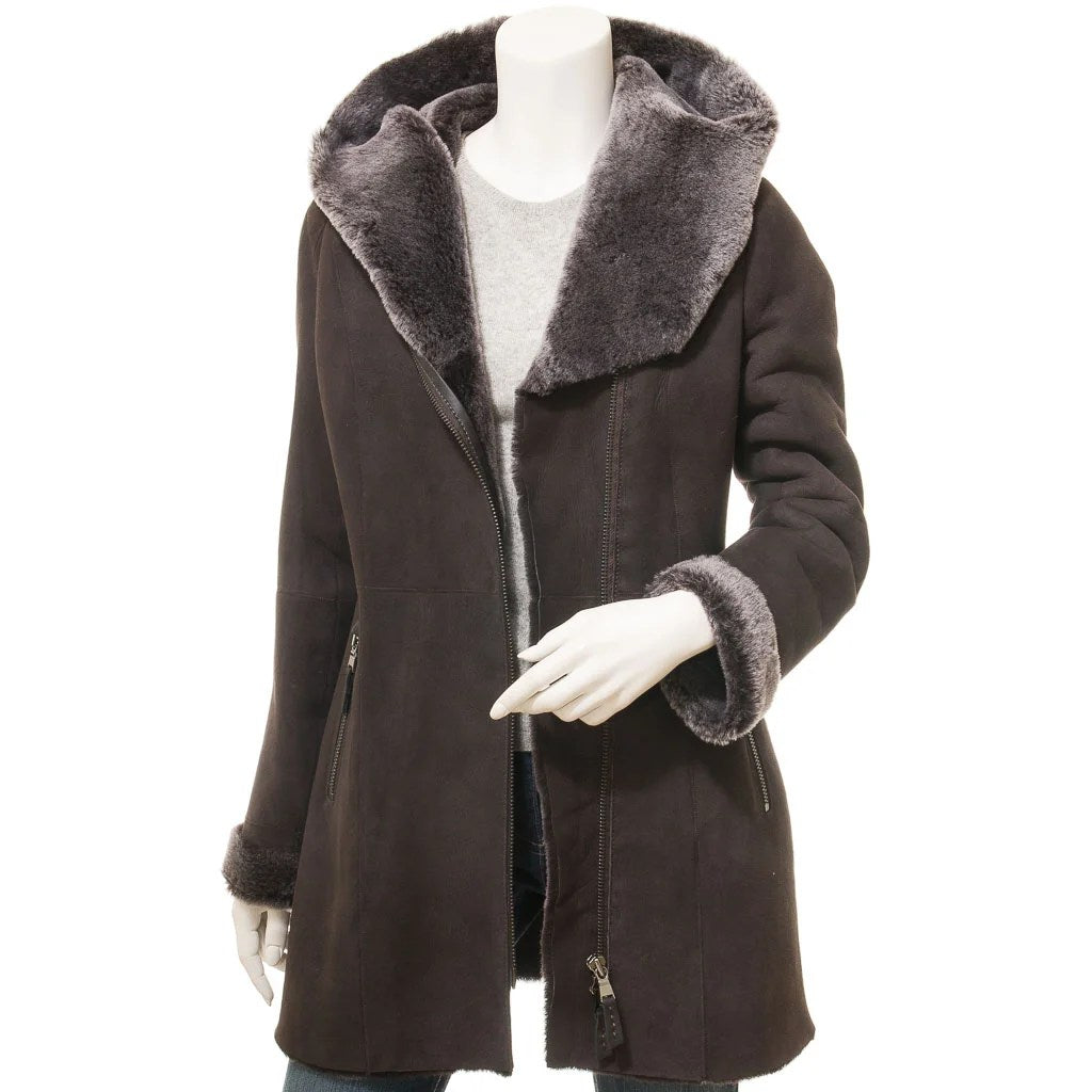 WOMEN BROWN SHEARLING PARKA COAT IRVING