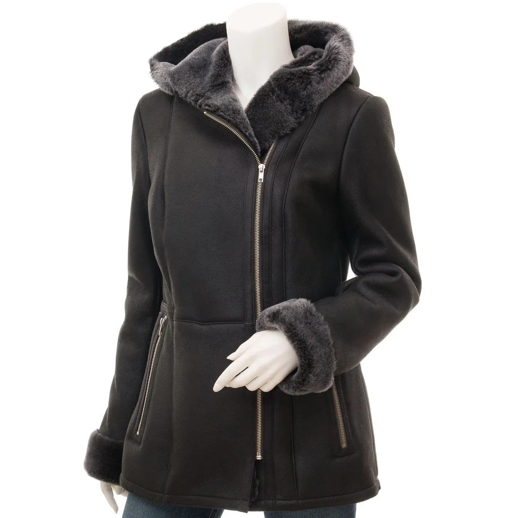 WOMEN BLACK SHEARLING PARKA COAT WYLIE