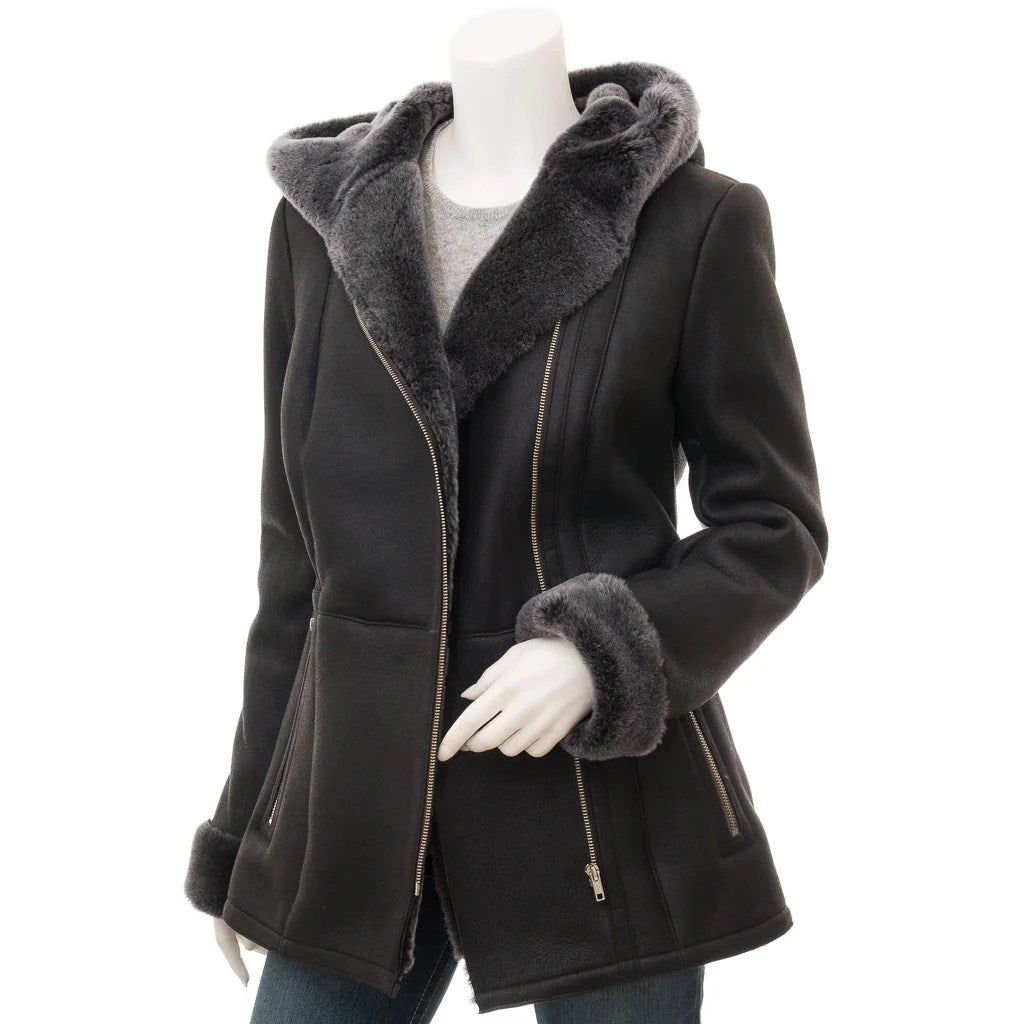 WOMEN BLACK SHEARLING PARKA COAT WYLIE
