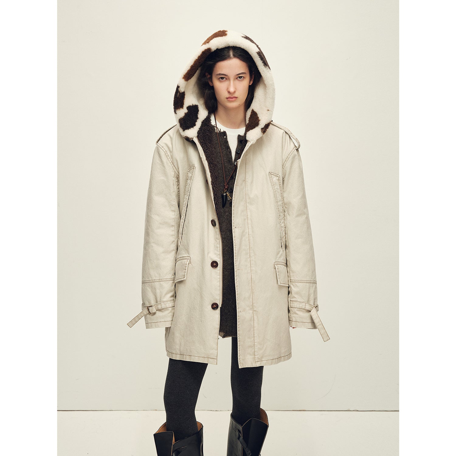 Firelady Fur Women’s Merino Sheepskin Parka with Fur Hood – Real Fur Cow Print Coat"Wild Heartbeat"