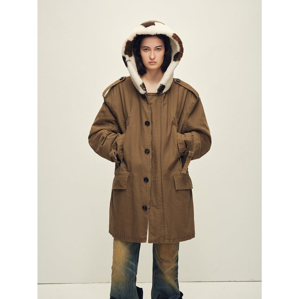 Firelady Fur Women’s Merino Sheepskin Parka with Fur Hood – Real Fur Cow Print Coat"Wild Heartbeat"