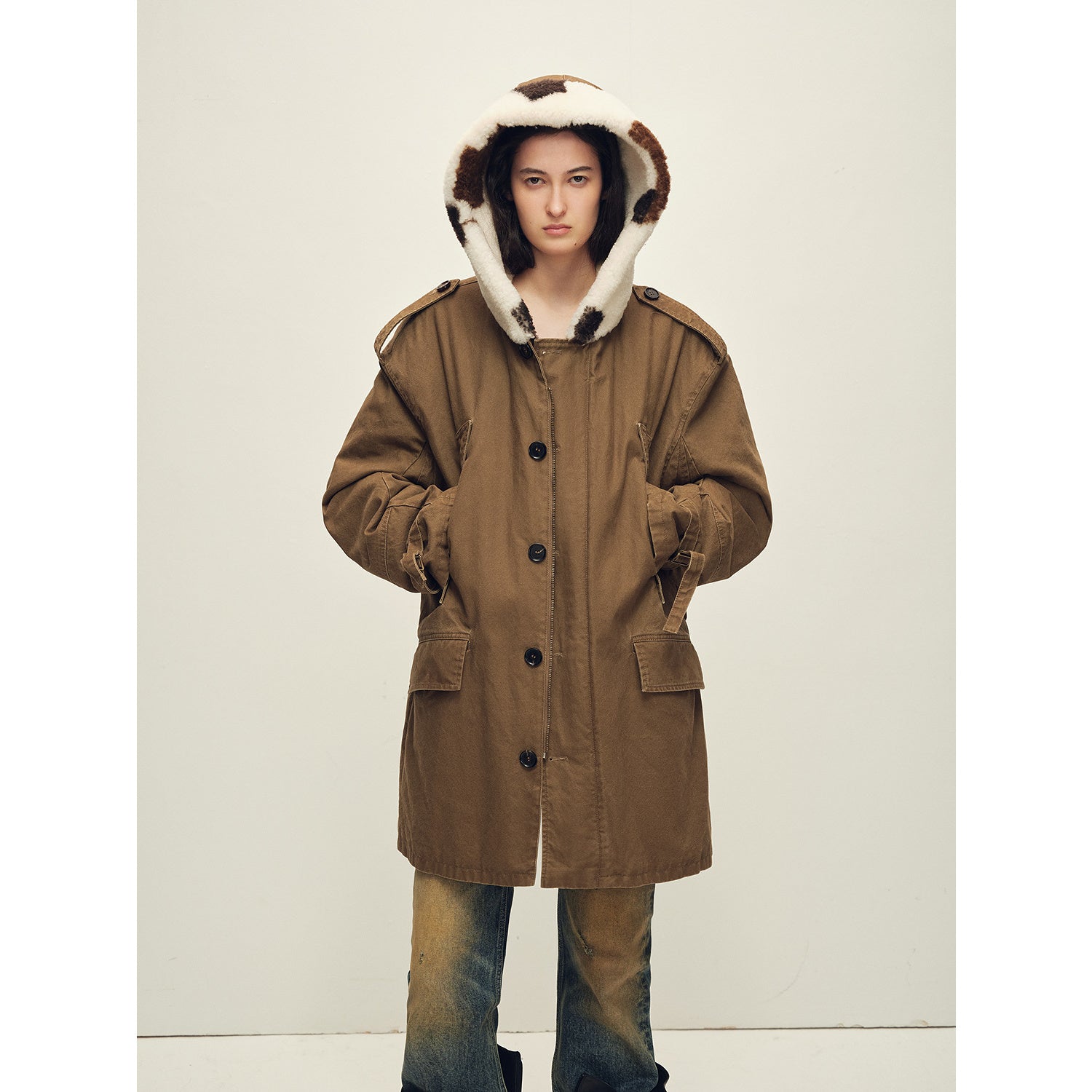 Firelady Fur Women’s Merino Sheepskin Parka with Fur Hood – Real Fur Cow Print Coat"Wild Heartbeat"