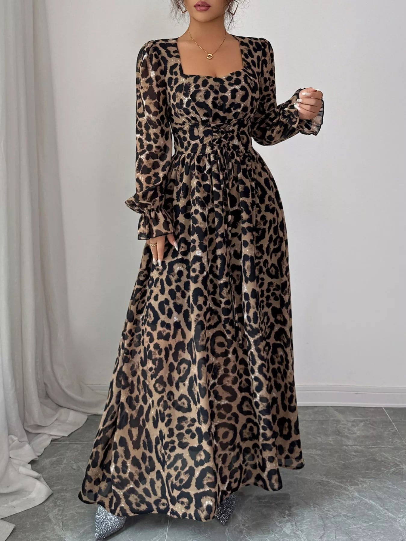 Leopard Sweetheart Neck Flounce Sleeve Maxi Dress