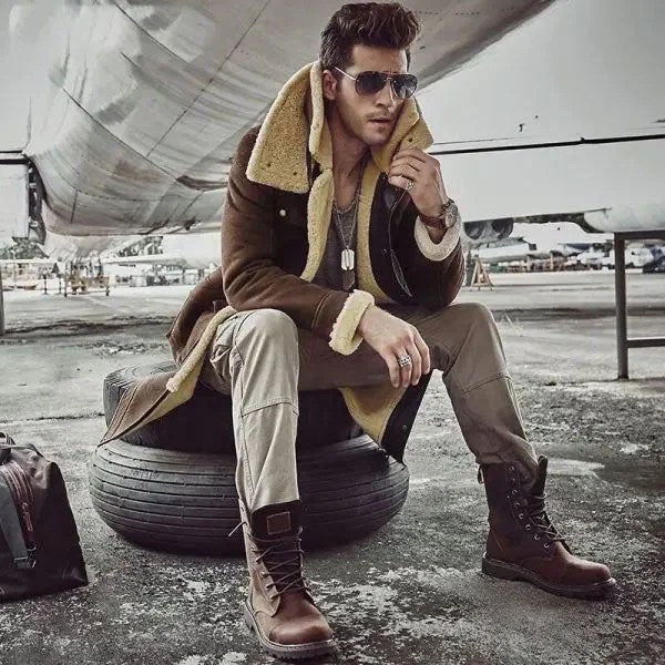 Men’s Shearling Coat Men’s Fur Parka Sheepskin Jacket in Brown - L