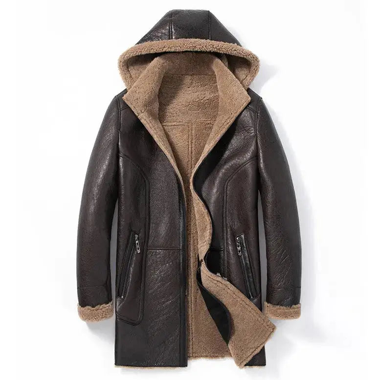 Mens Shearling Sheepskin Hooded Winter Parka