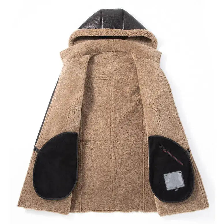 Mens Shearling Sheepskin Hooded Winter Parka